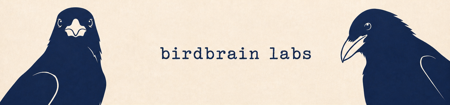 birdbrain labs — two ravens flanking the typewriter wordmark