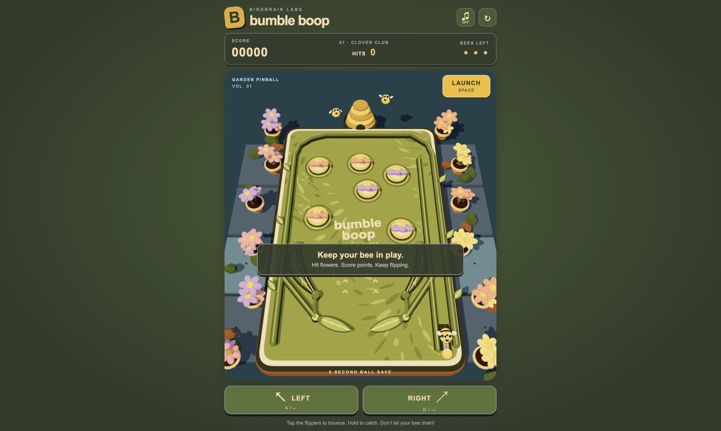 Bumble Boop garden pinball table with flower bumpers and leaf flippers