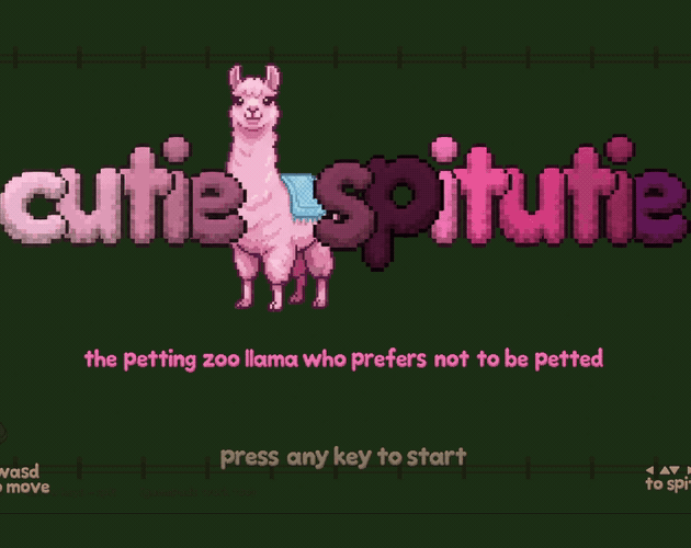 Cutie Spitutie, a pink llama in a pixel-art petting zoo