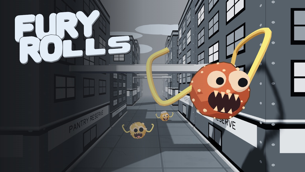 Fury Rolls title screen: a grinning meatball swinging on spaghetti arms down a city street
