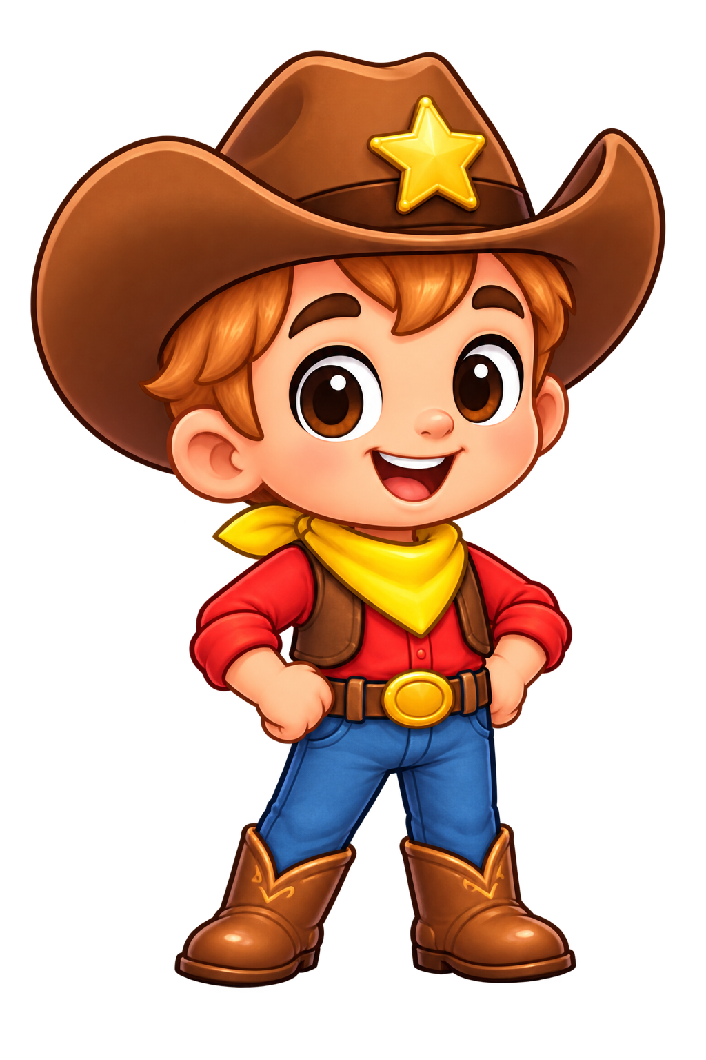 A little cowboy ready to round up animals on a bright green ranch