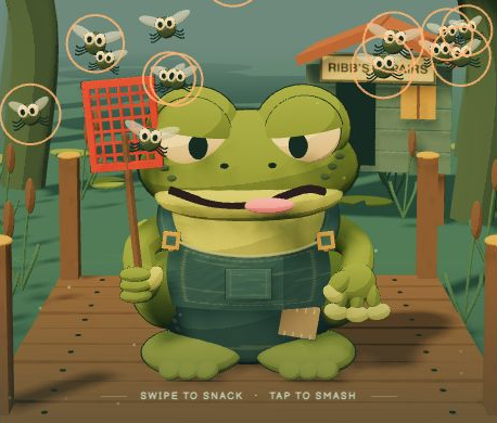 Ribb the frog with his red flyswatter on a dock in the new S.W.A.T. game